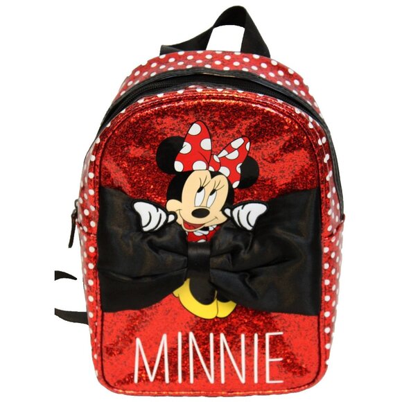 Disney Parks Red Sparkle Glitter Mini Backpack Minnie Mouse Polka Dots Satin Bow - Picture 1 of 12